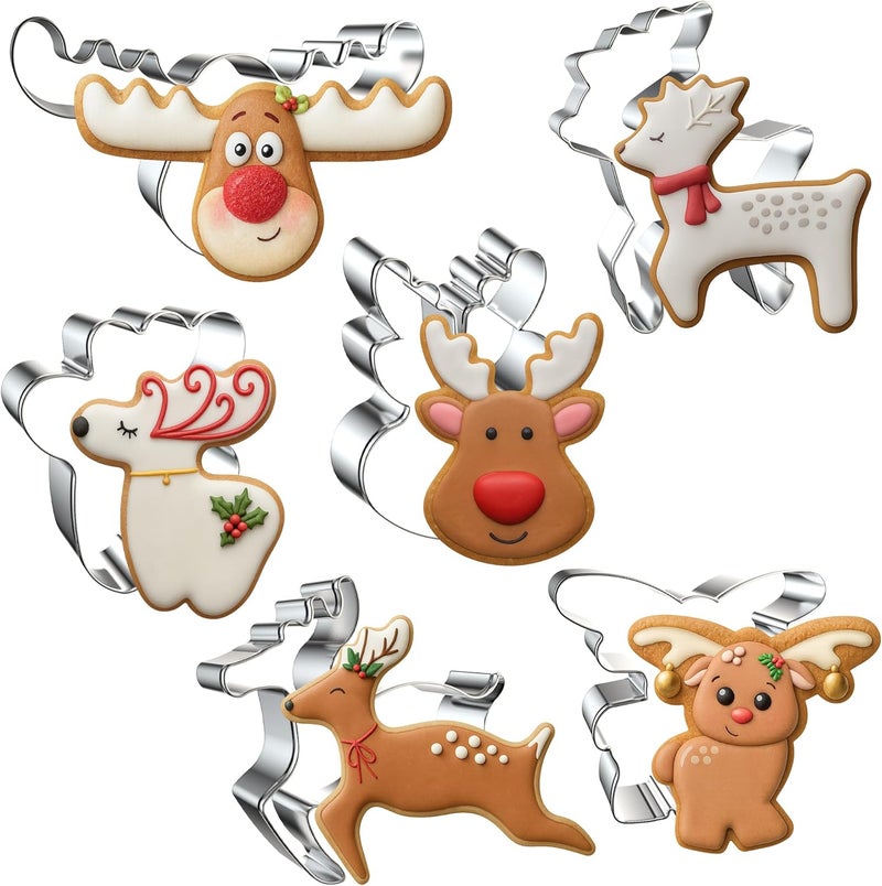 FUSOTO 6PCS Reindeer Cookie Cutter Set, Christmas Cookie Cutters, Holiday Shaped Biscuit Molds, Stainless Steel Baking Supplies for Homemade Cookies, Christmas Deer - Image 1